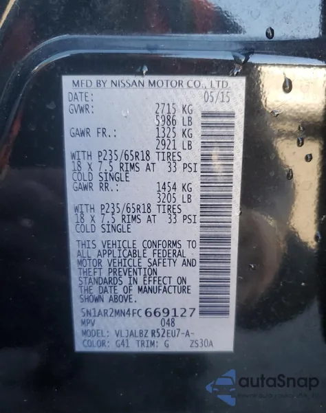 2015 Nissan Pathfinder S z USA, uszkodzony, nr VIN 5N1AR2MN4FC669127